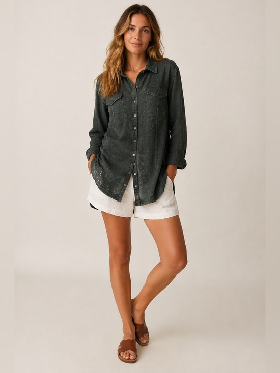 Free People Tops - Free People Army Green Eyelet Tunic Top Button Up Boho Size L